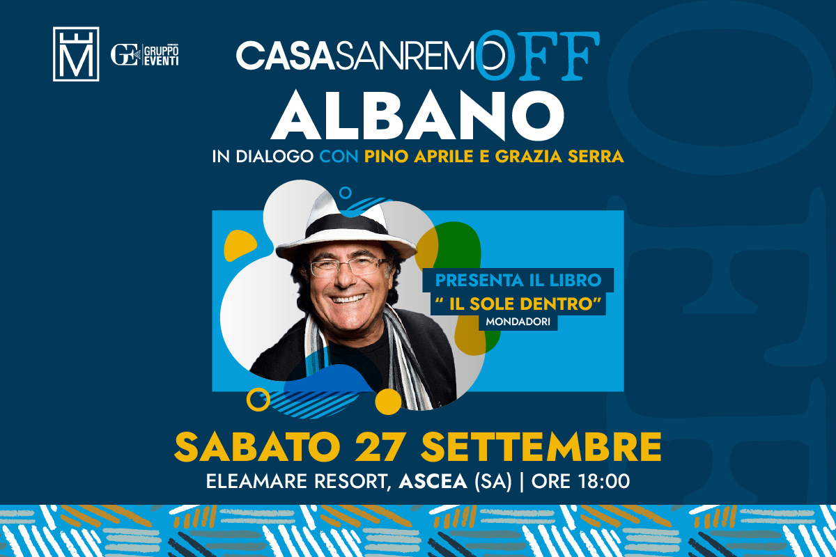 Casa Sanremo OFF: Albano presenta “Il sole dentro”, in dialogo con Pino Aprile e Grazia Serra
